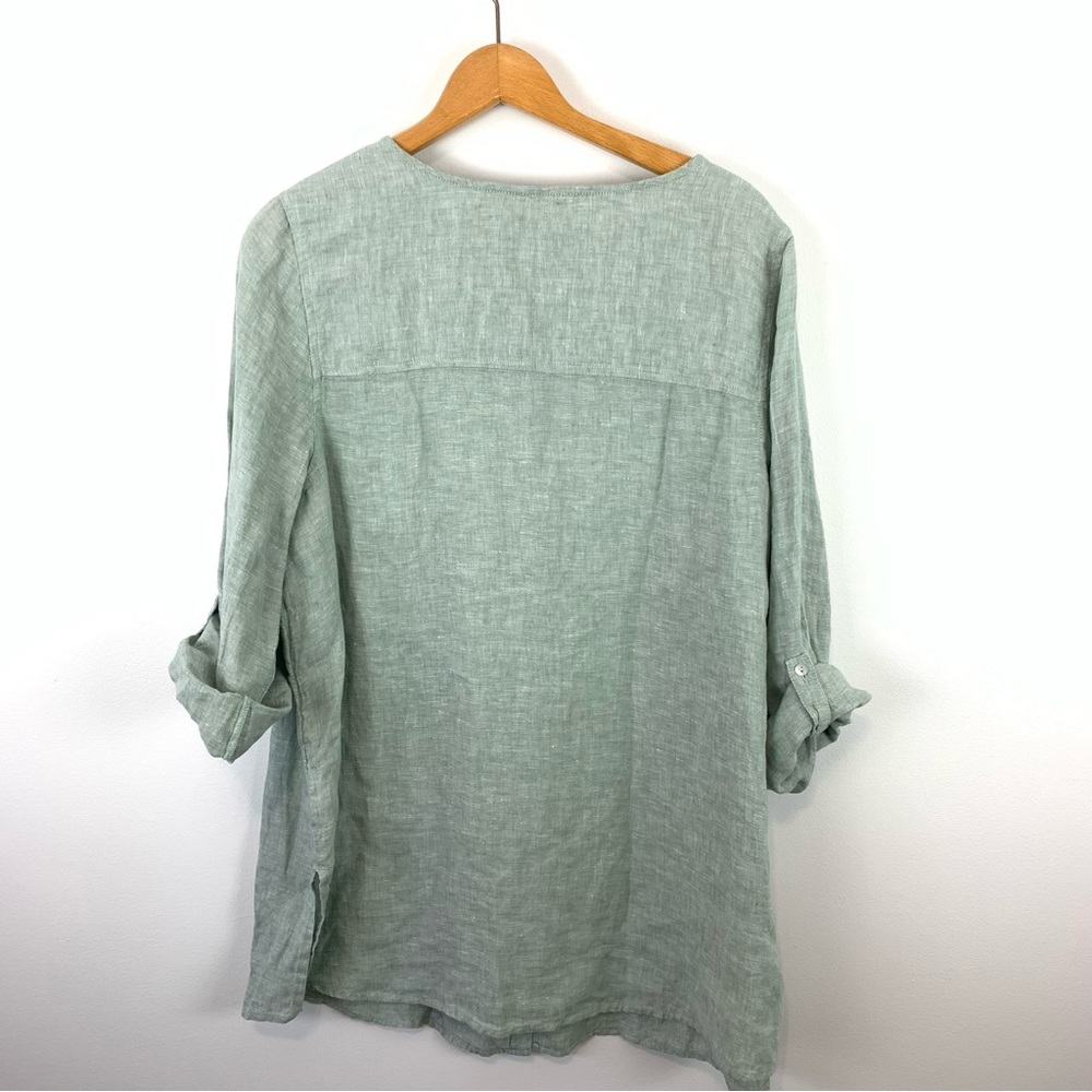 Tahari 100% Linen Green Lagenlook Shirt Size 1X Tab Sleeves - Picture 7 of 12